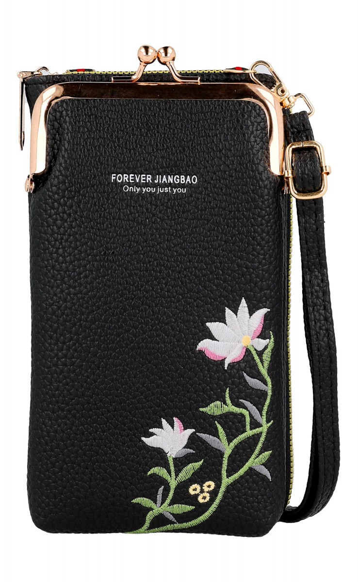 Kabelka na mobil Flower s popruhem černá