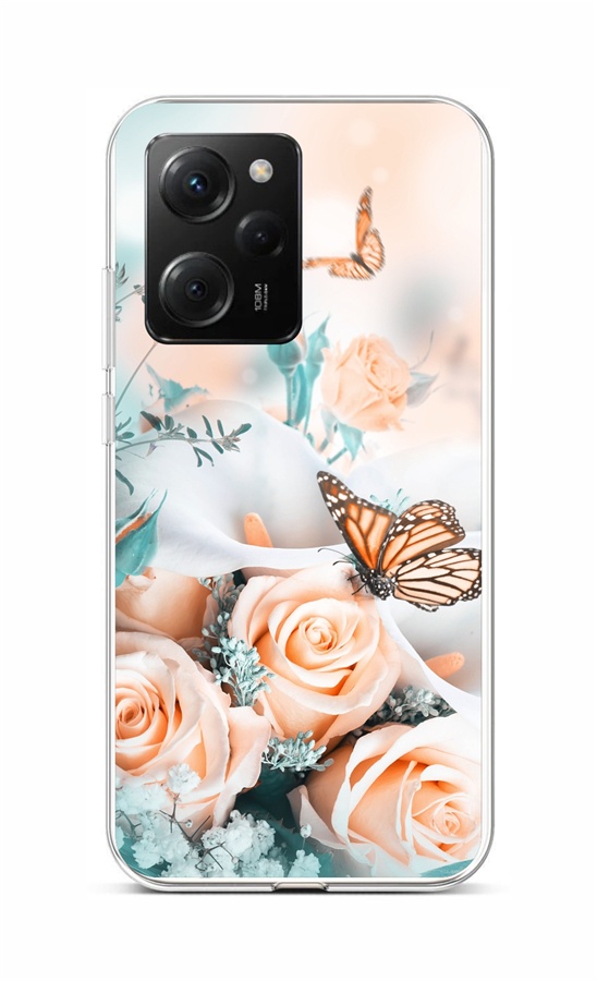 Levně Kryt TopQ Xiaomi Poco X5 Pro 5G Růže s motýlem 95956 (pouzdro neboli obal na mobil Xiaomi Poco X5 Pro 5G)