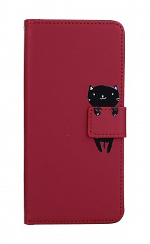 Knížkové pouzdro na Xiaomi Redmi 12C vínové s kočičkou