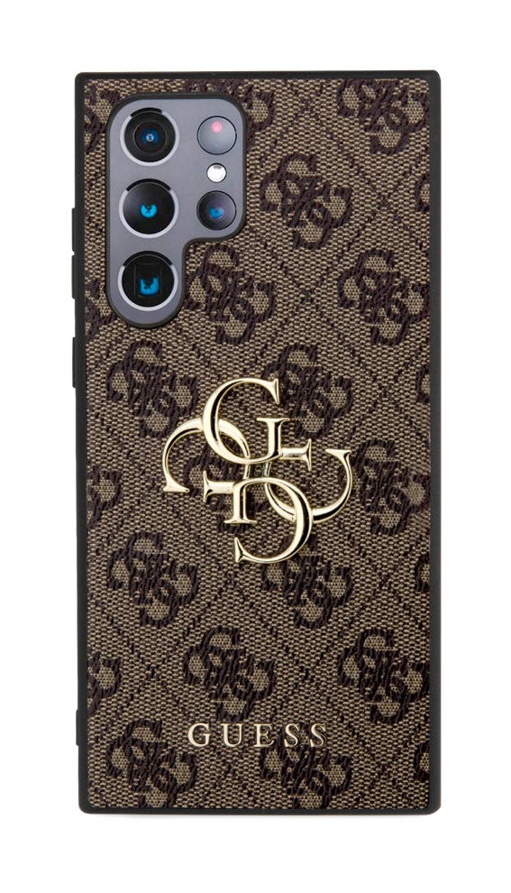 Guess PU 4G Metal Logo Zadní Kryt pro Samsung Galaxy S24 Ultra Brown
