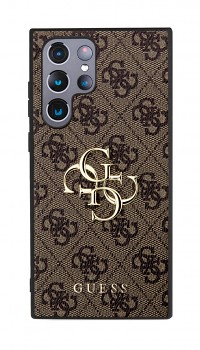 Guess PU 4G Metal Logo Zadní Kryt pro Samsung Galaxy S24 Ultra Brown