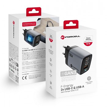 Adaptér Forcell GaN3 s funkcí rychlonabíjení 70W šedý