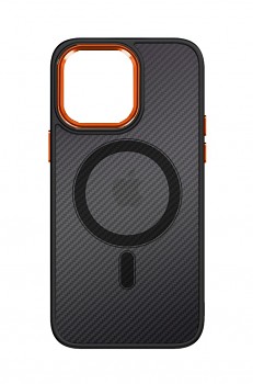 Zadní pevný kryt Magnetic Carbon na iPhone 14 tmavý s oranžovým rámečkem