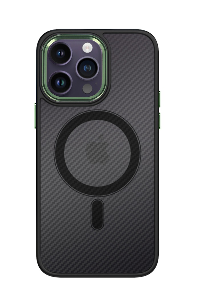 Zadní pevný kryt Magnetic Carbon na iPhone 14 Pro tmavý se zeleným rámečkem