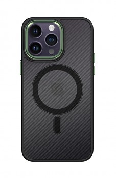 Zadní pevný kryt Magnetic Carbon na iPhone 14 Pro tmavý se zeleným rámečkem