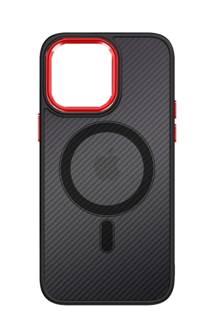 Zadní pevný kryt Magnetic Carbon na iPhone 12 tmavý s červeným rámečkem