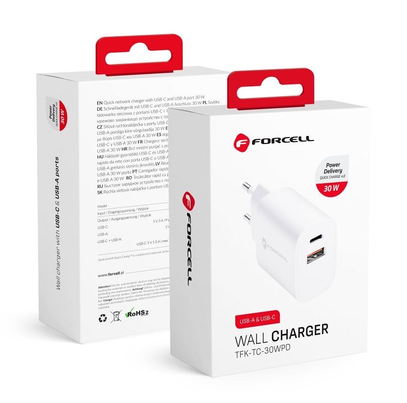 Levně Cestovní adaptér Forcell s funkcí rychlonabíjení Dual 30W bílý 97723