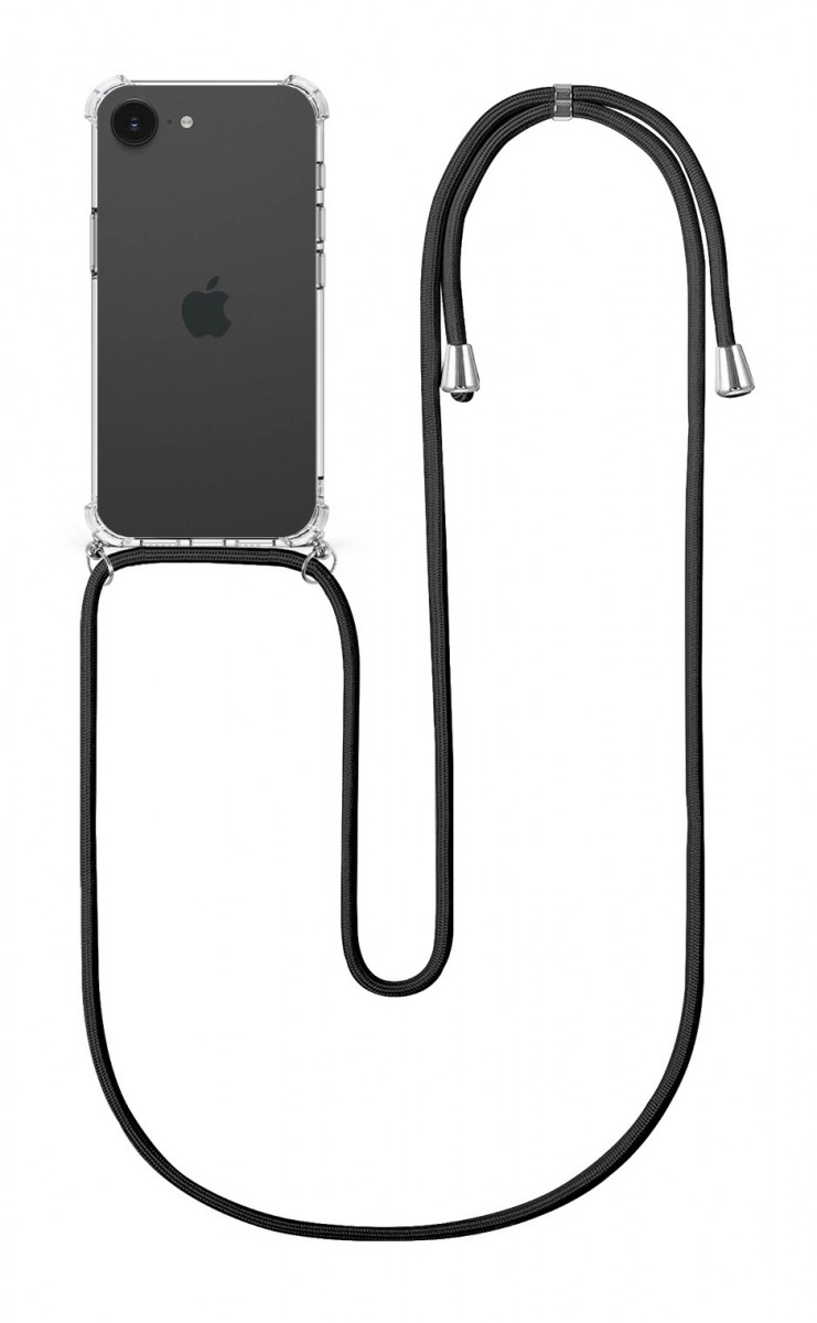 Zadní kryt na iPhone 16e s černou šňůrkou průhledný