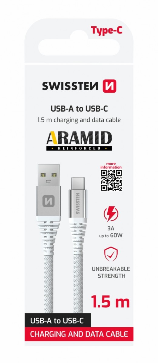 Datový kabel Swissten ARAMID REINFORCED USB-A - USB-C 1,5 m bílý
