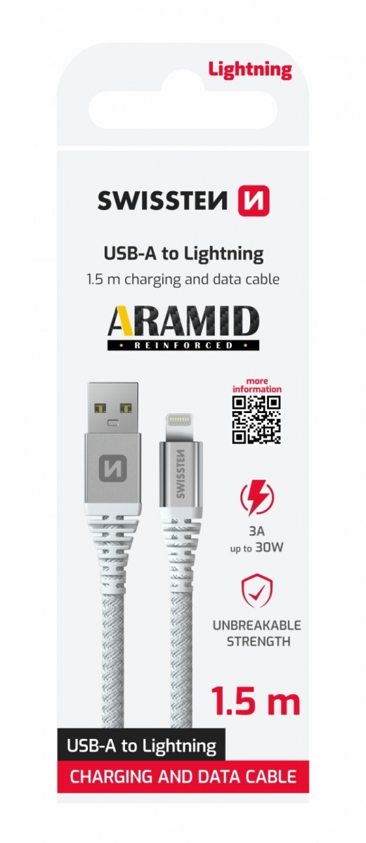 Datový kabel Swissten ARAMID REINFORCED USB-A - Lightning 1,5 m bílý
