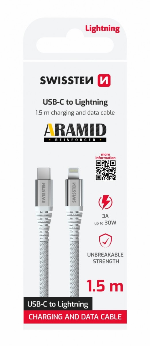 Datový kabel Swissten ARAMID REINFORCED USB-C - Lightning 1,5 m bílý