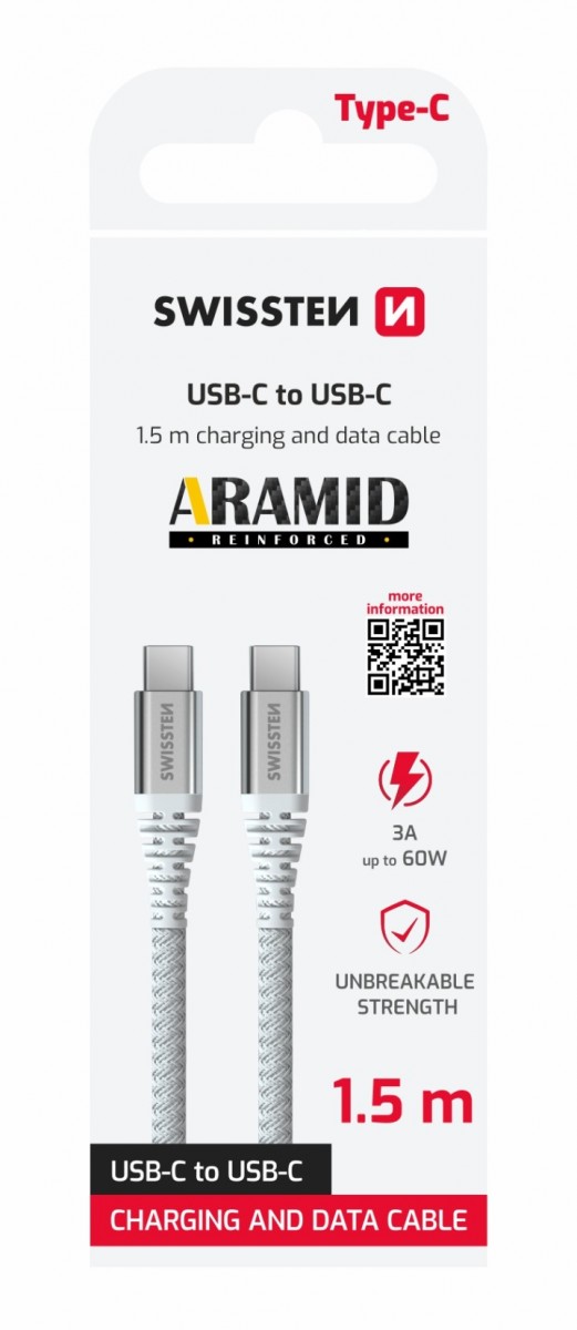 Datový kabel Swissten ARAMID REINFORCED USB-C - USB-C 1,5 m bílý
