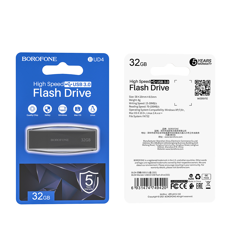 Levně Flash disk Borofone BUD4 USB 3.0 32GB černý 109075