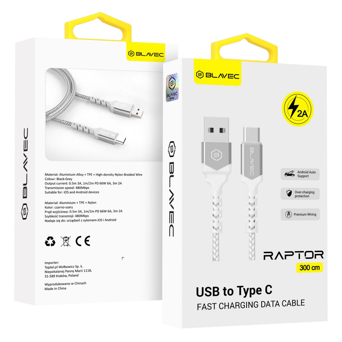 Datový kabel Blavec Raptor Braided - USB na typ C - 2A 3m (CRA-UC2WS30) bílo-stříbrný
