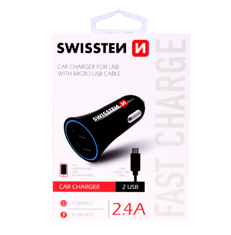 Nabíječka do auta Swissten 2.4A černá Dual včetně datového kabel microUSB černá