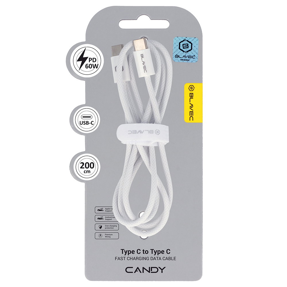 Datový kabel Blavec Candy Braided USB-C - USB-C PD 60W 3A 2m (CCA-CC3W20) bílý