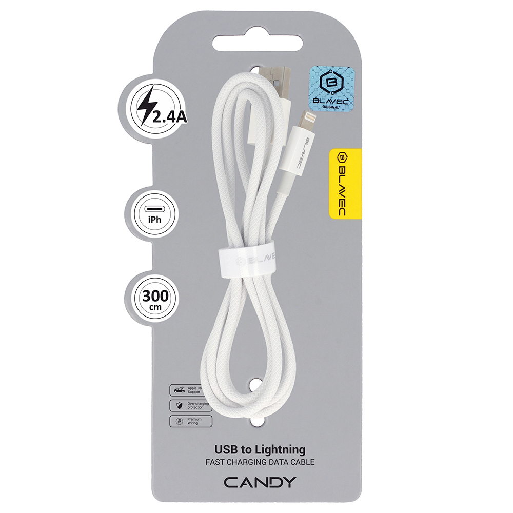 Datový kabel Blavec Candy Braided USB-A - Lightning 2,4A 3m (CCA-UL24W30) bílý