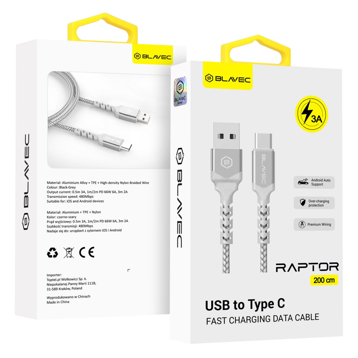 Datový kabel Blavec Candy Braided USB-A - USB-C 3A 2m (CRA-UC3WS20) bílo-stříbrný