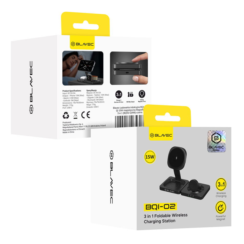 Bezdrátová nabíječka Blavec BQI-02 Qi 15W Magnetic Magsafe 3V1 (BQI02-QIMB) černá