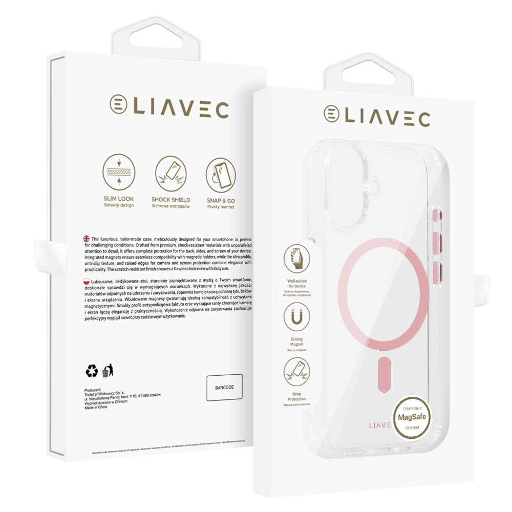 Zadní kryt Liavec Glossy Magsafe Clear pro iPhone 16 pink