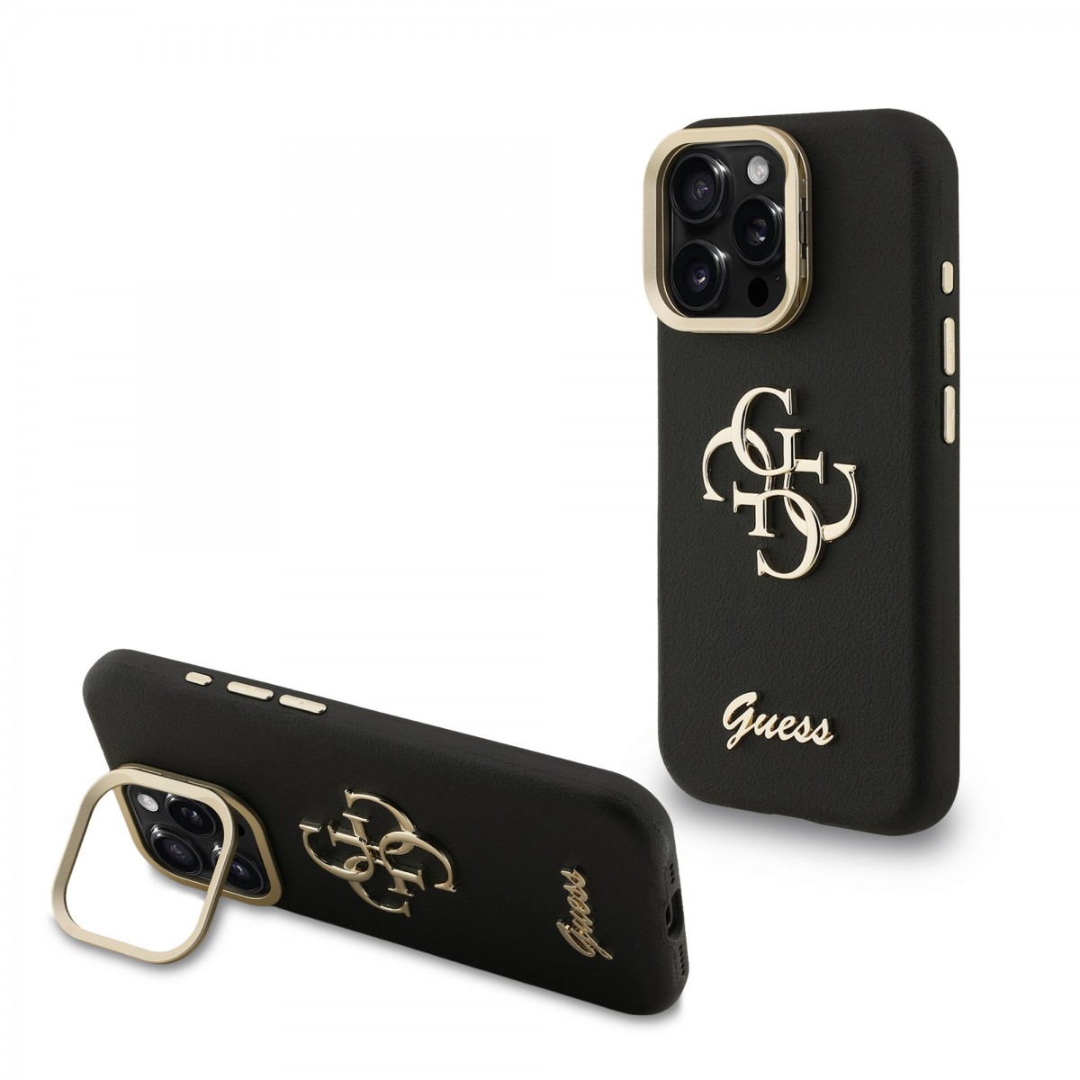 Zadní kryt Guess PU Grained 4G Logo Stand Camera Frame pro iPhone 15 Pro Black
