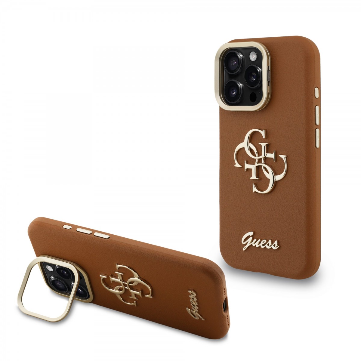 Zadní kryt Guess PU Grained 4G Logo Stand Camera Frame pro iPhone 15 Pro Brown