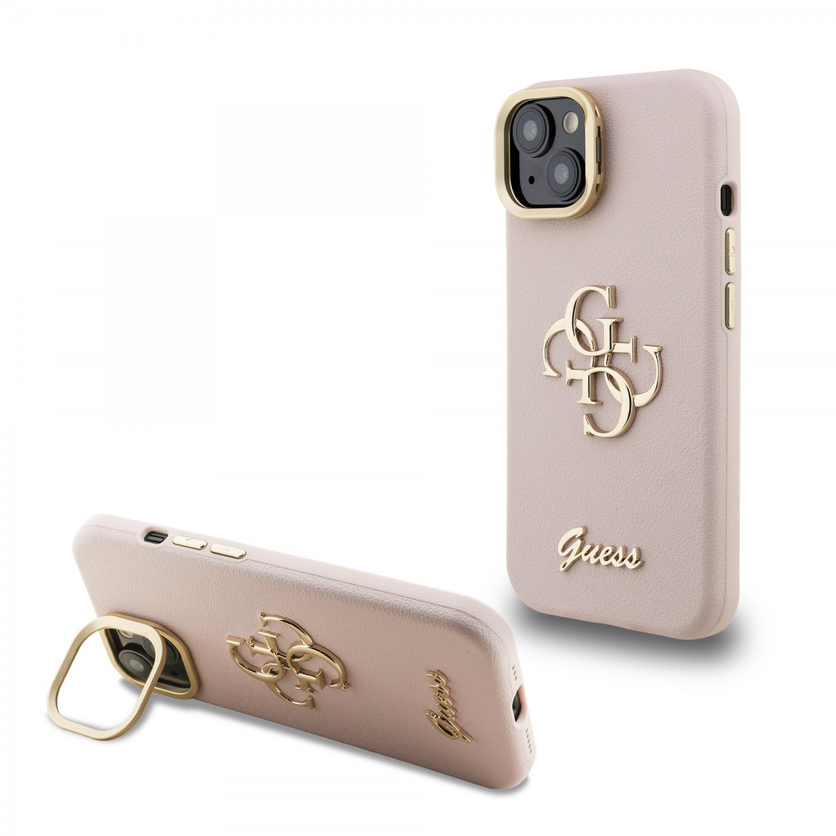Zadní kryt Guess PU Grained 4G Logo Stand Camera Frame pro iPhone 15 Pink