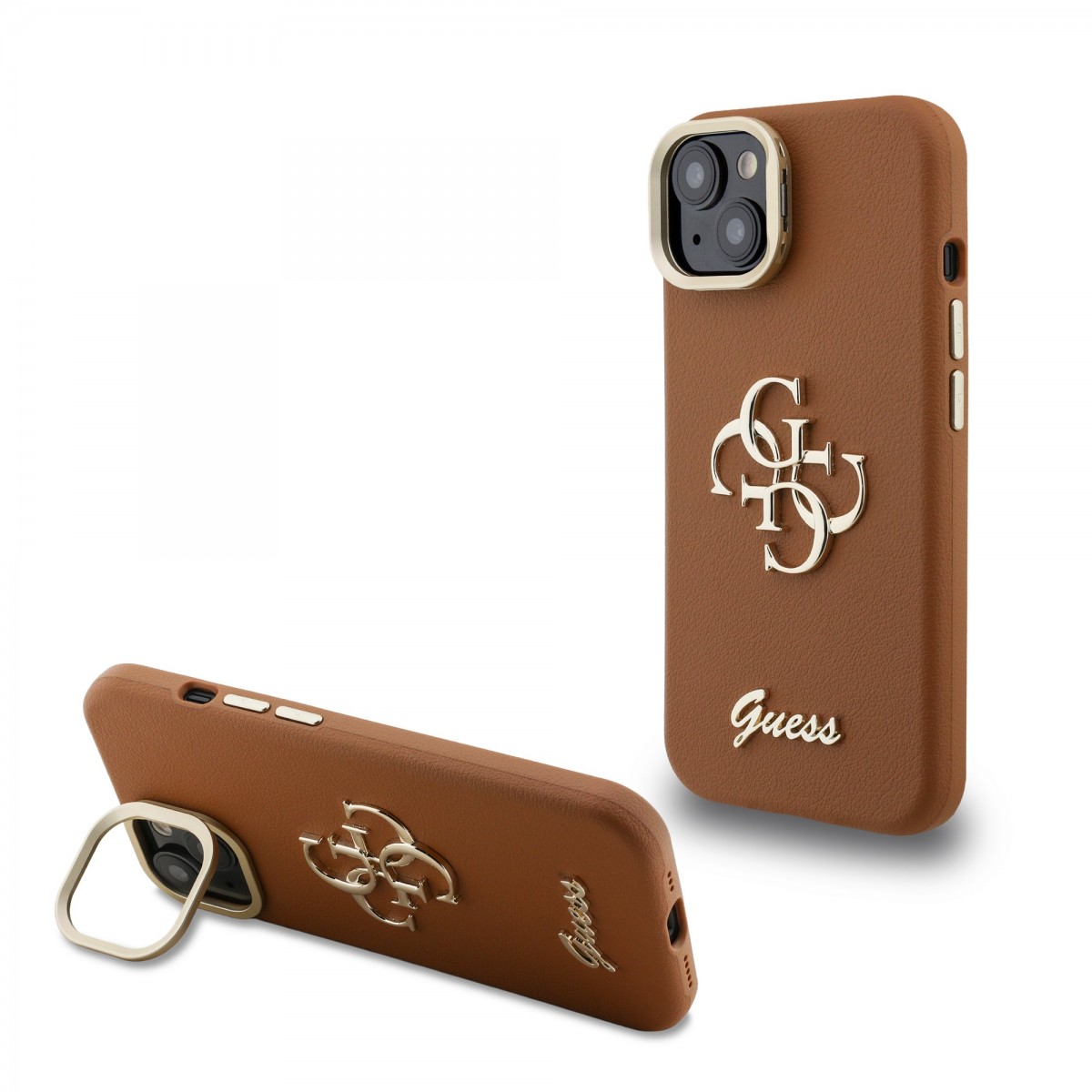 Zadní kryt Guess PU Grained 4G Logo Stand Camera Frame pro iPhone 14 Brown
