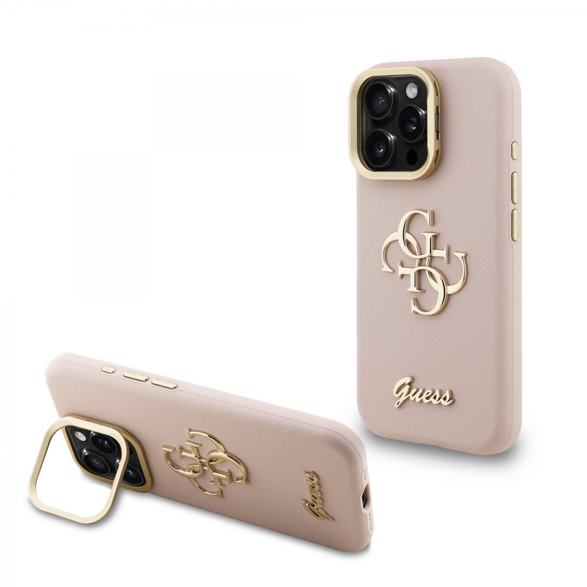 Zadní kryt Guess PU Grained 4G Logo Stand Camera Frame pro iPhone 15 Pro Pink