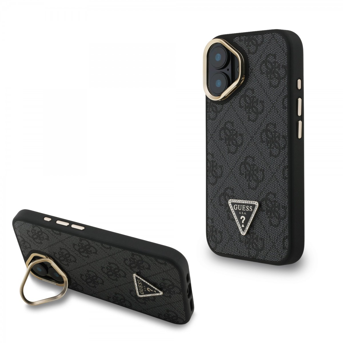 Zadní kryt Guess PU 4G Strass Triangle Logo Stand Camera Frame MagSafe pro iPhone 16 Black