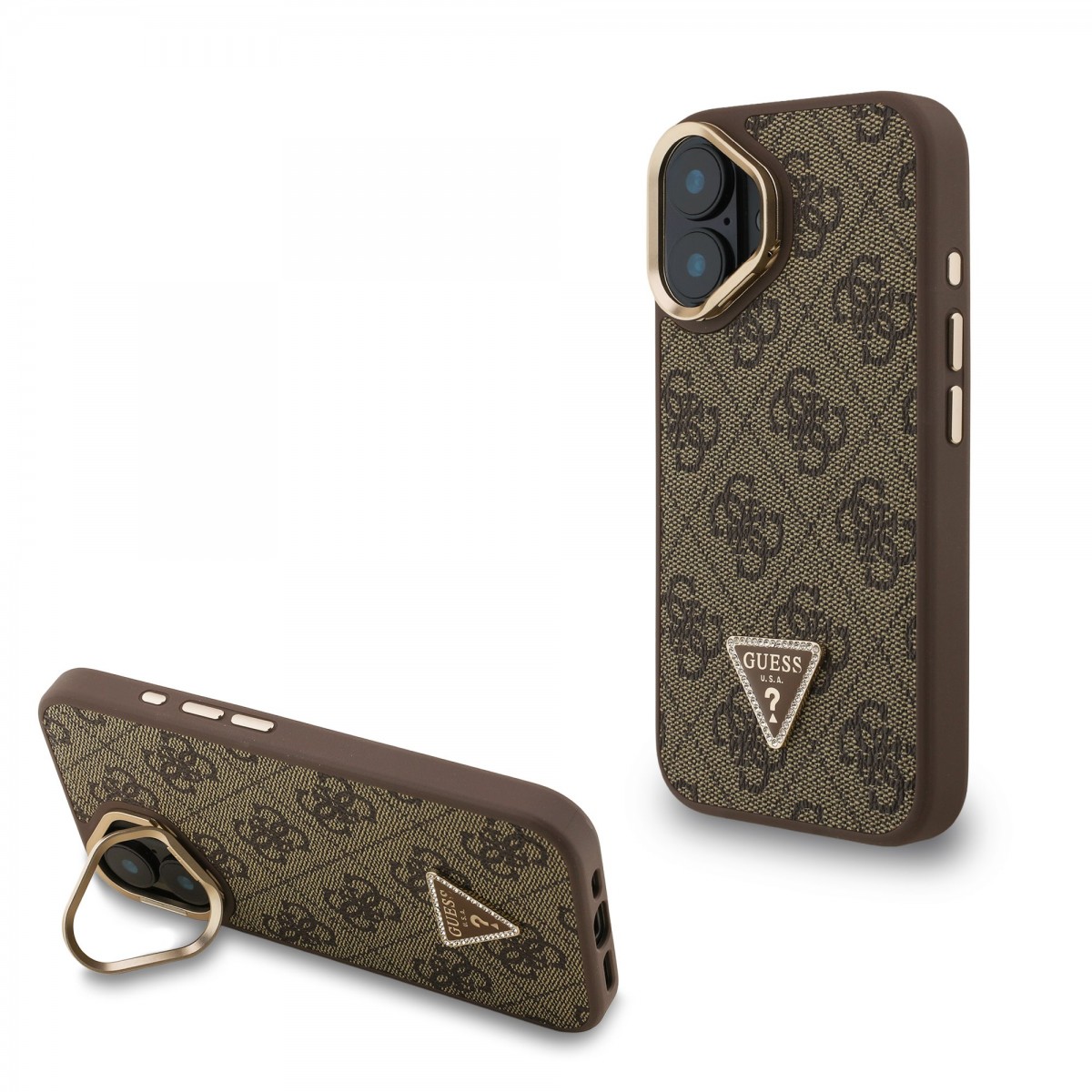 Zadní kryt Guess PU 4G Strass Triangle Logo Stand Camera Frame MagSafe pro iPhone 16 Brown