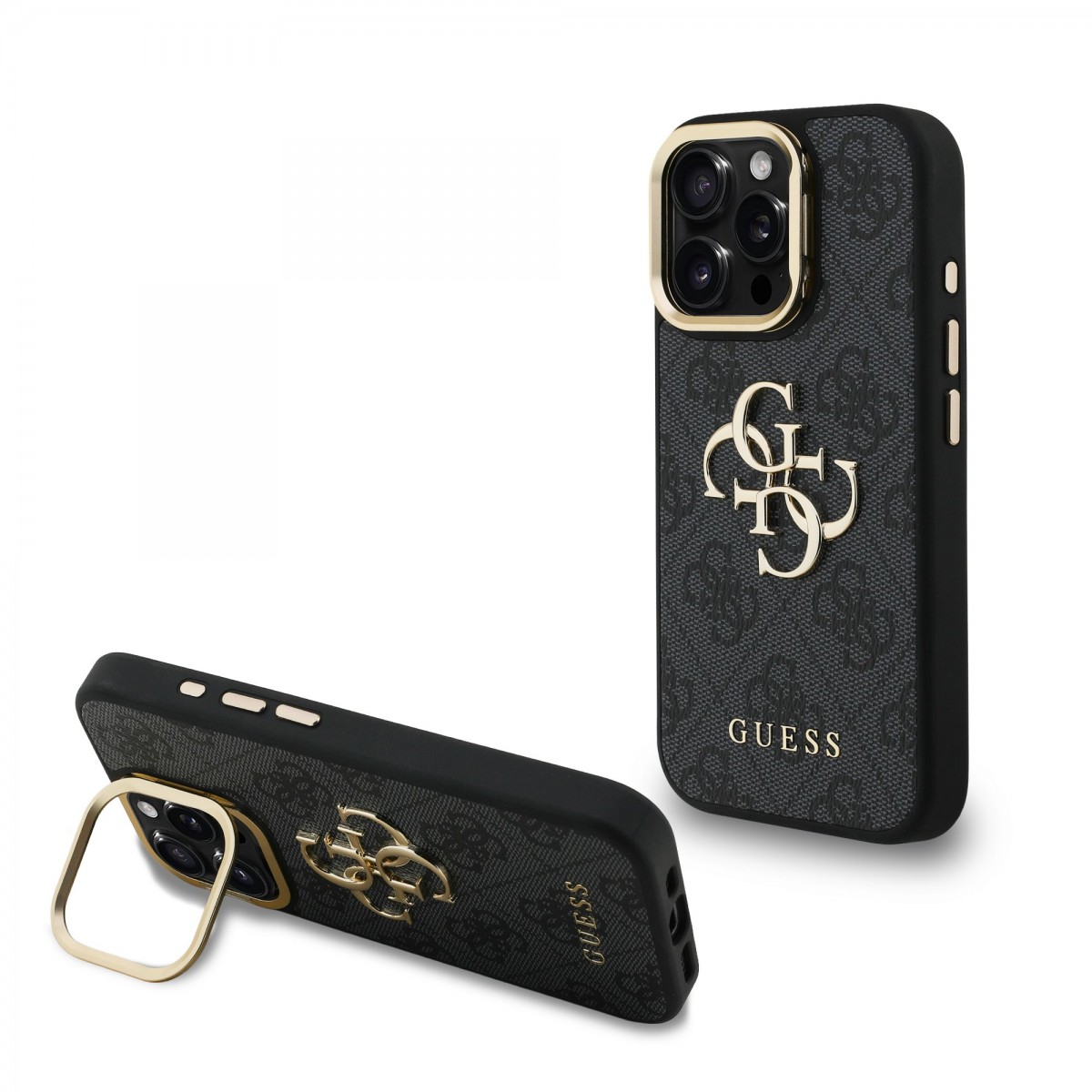 Zadní kryt Guess PU 4G Metal Logo Stand Camera Frame pro iPhone 15 Pro Max Black