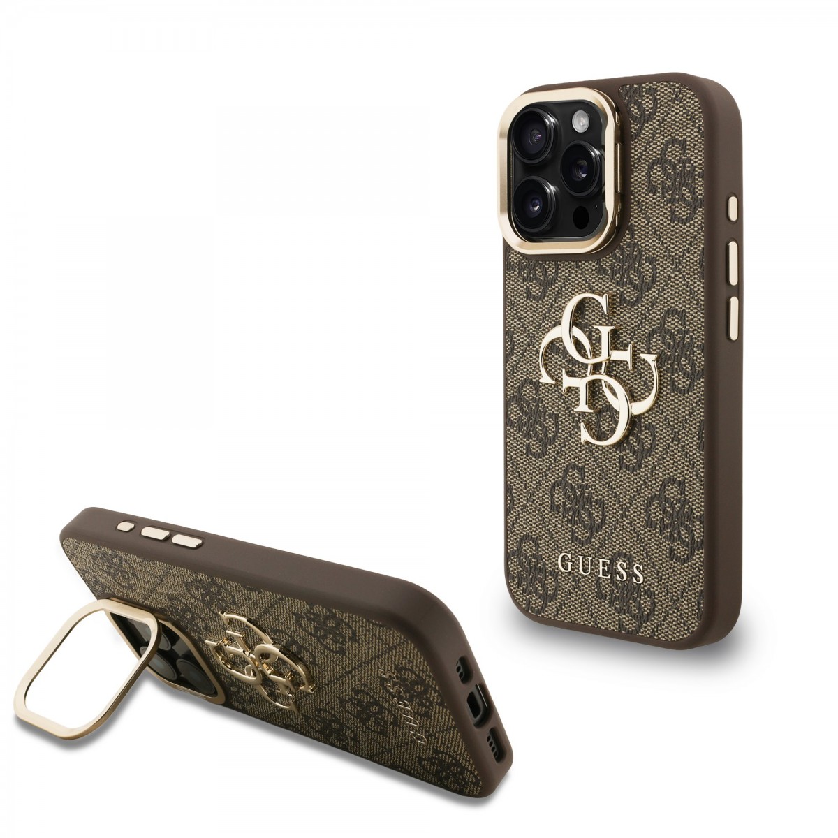 Zadní kryt Guess PU 4G Metal Logo Stand Camera Frame pro iPhone 15 Pro Brown