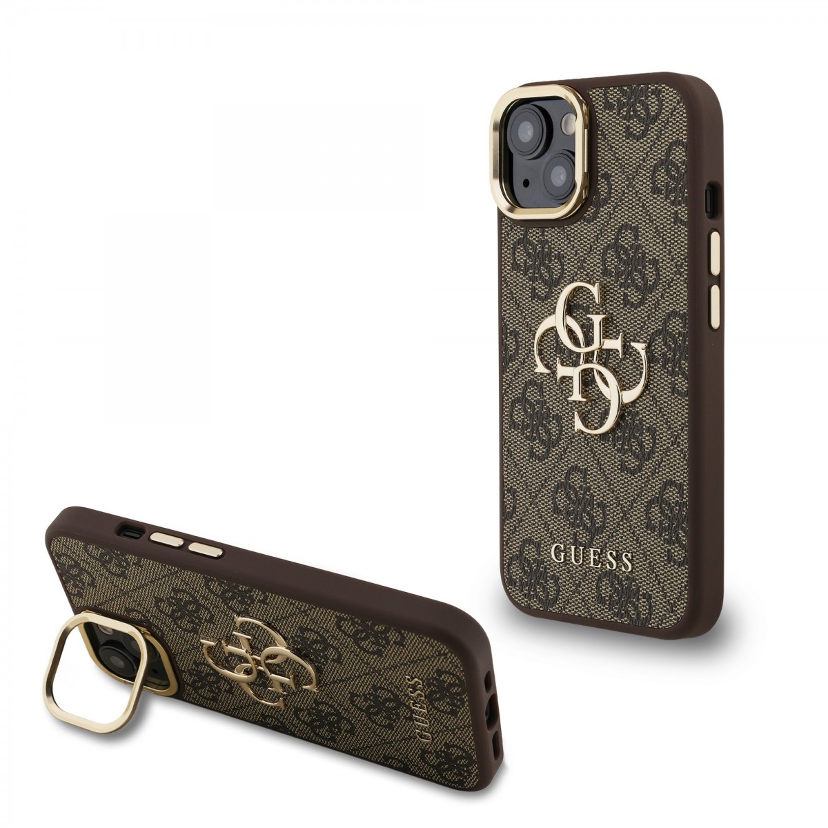 Zadní kryt Guess PU 4G Metal Logo Stand Camera Frame pro iPhone 15 Brown