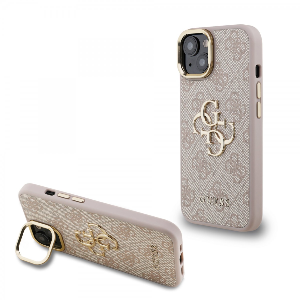Zadní kryt Guess PU 4G Metal Logo Stand Camera Frame pro iPhone 15 Pink