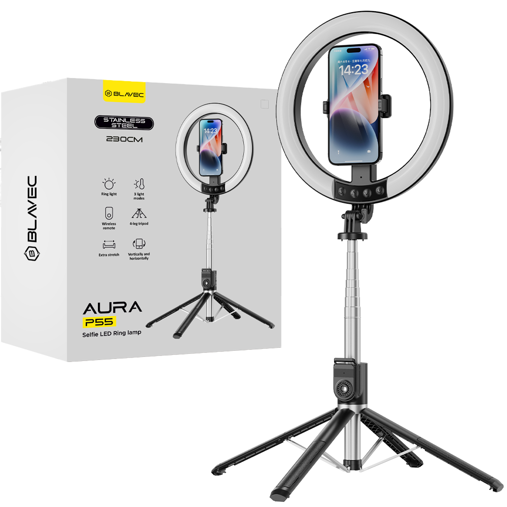 Blavec selfie kruhová lampa Aura LED Ring P55 25cm stativ + dálkové ovládání + 2,3 metru (RLP55-TRB23) černá
