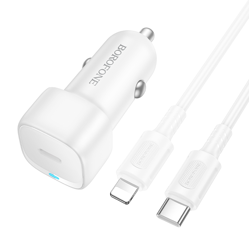 Rychlonabíječka do auta Borofone BZ34A Cloud USB-C PD 20W + datový kabel Lightning bílá