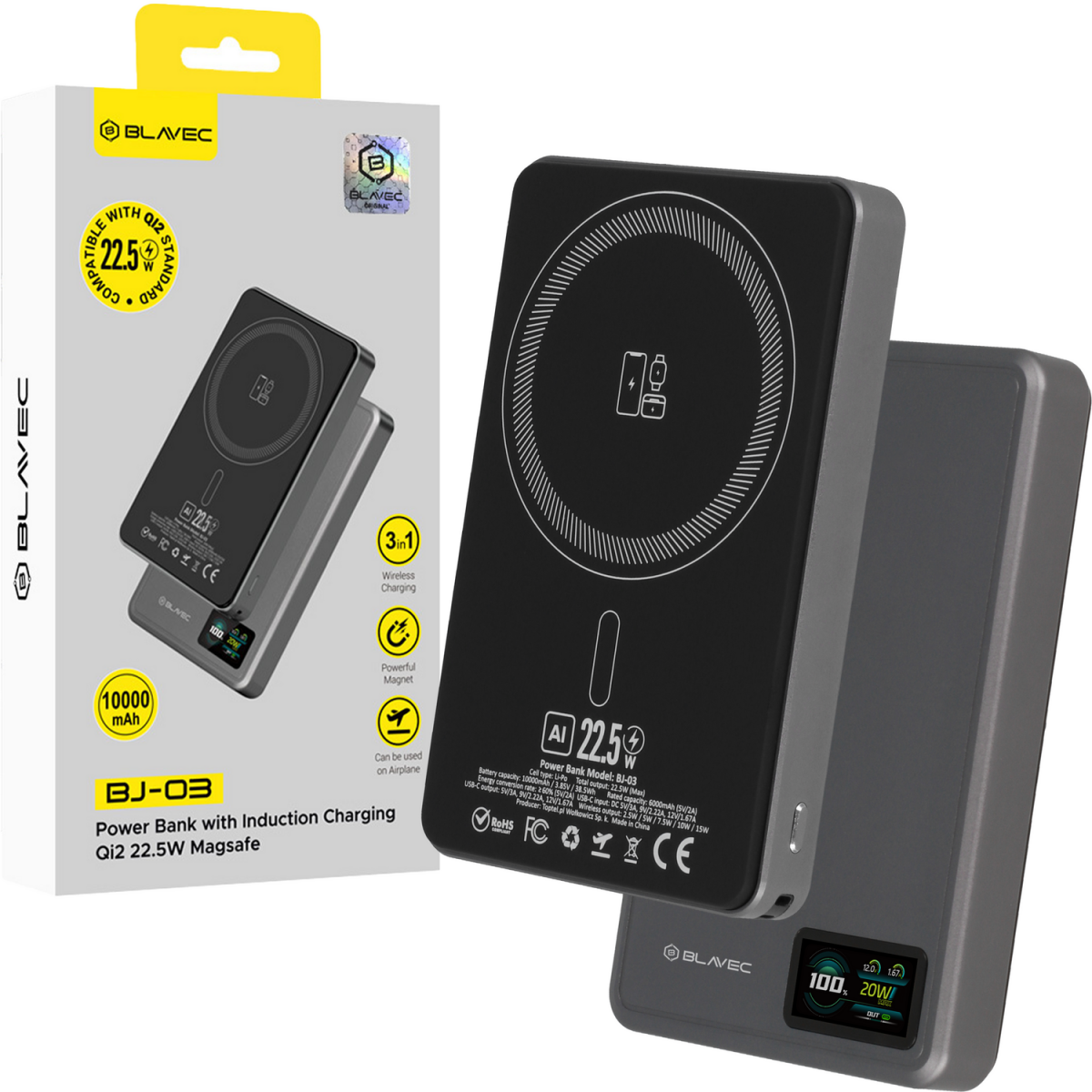 Powerbank Blavec BJ-03 Slim 13,5mm 10000mAh USB-C magnetic Magsafe 3v1 (PBBJ03-MC10G) 22,5W grey