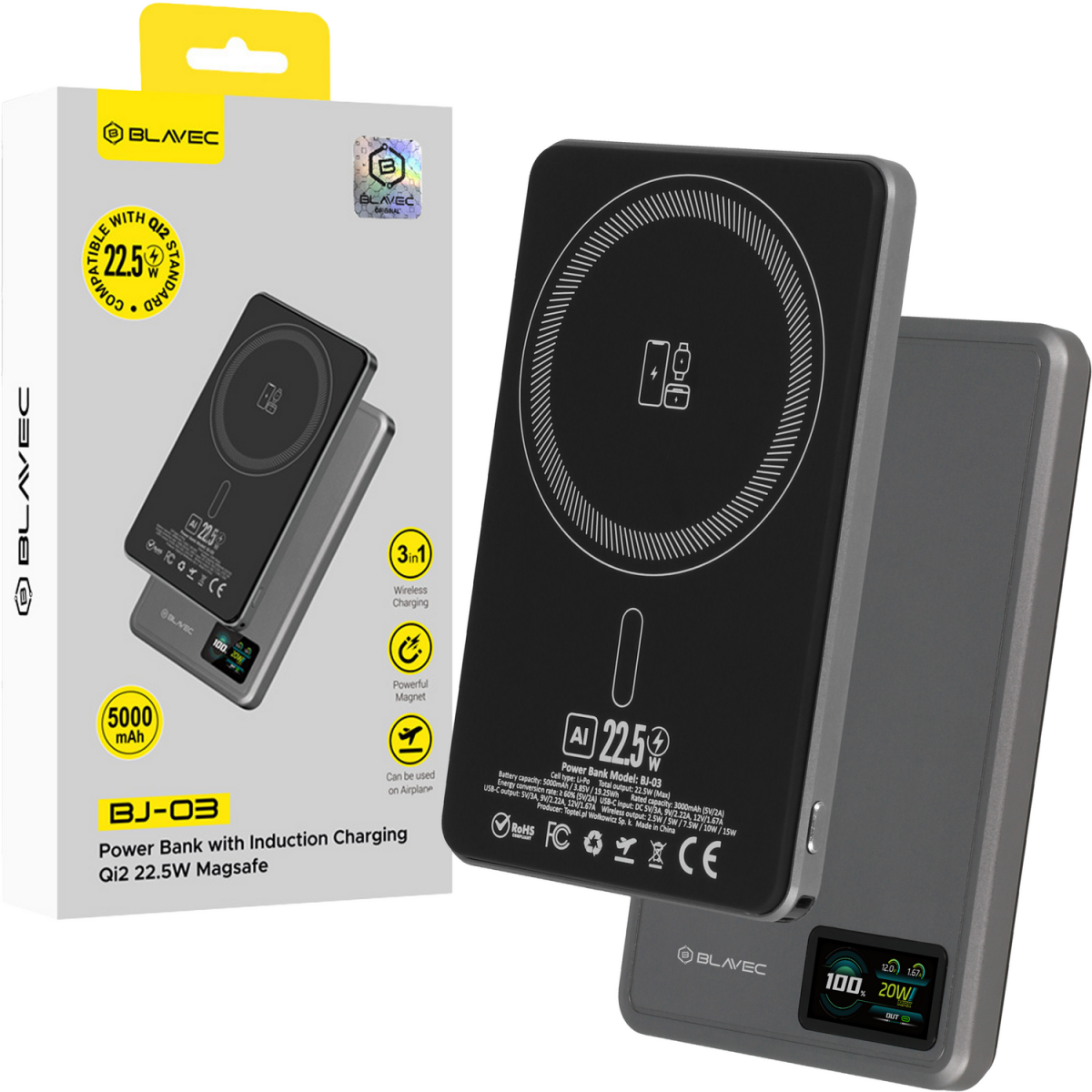 Powerbank Blavec BJ-03 Ultra Slim 7,8mm 5000mAh USB-C magnetic Magsafe 3v1 (PBBJ03-MC5G) 22,5W grey
