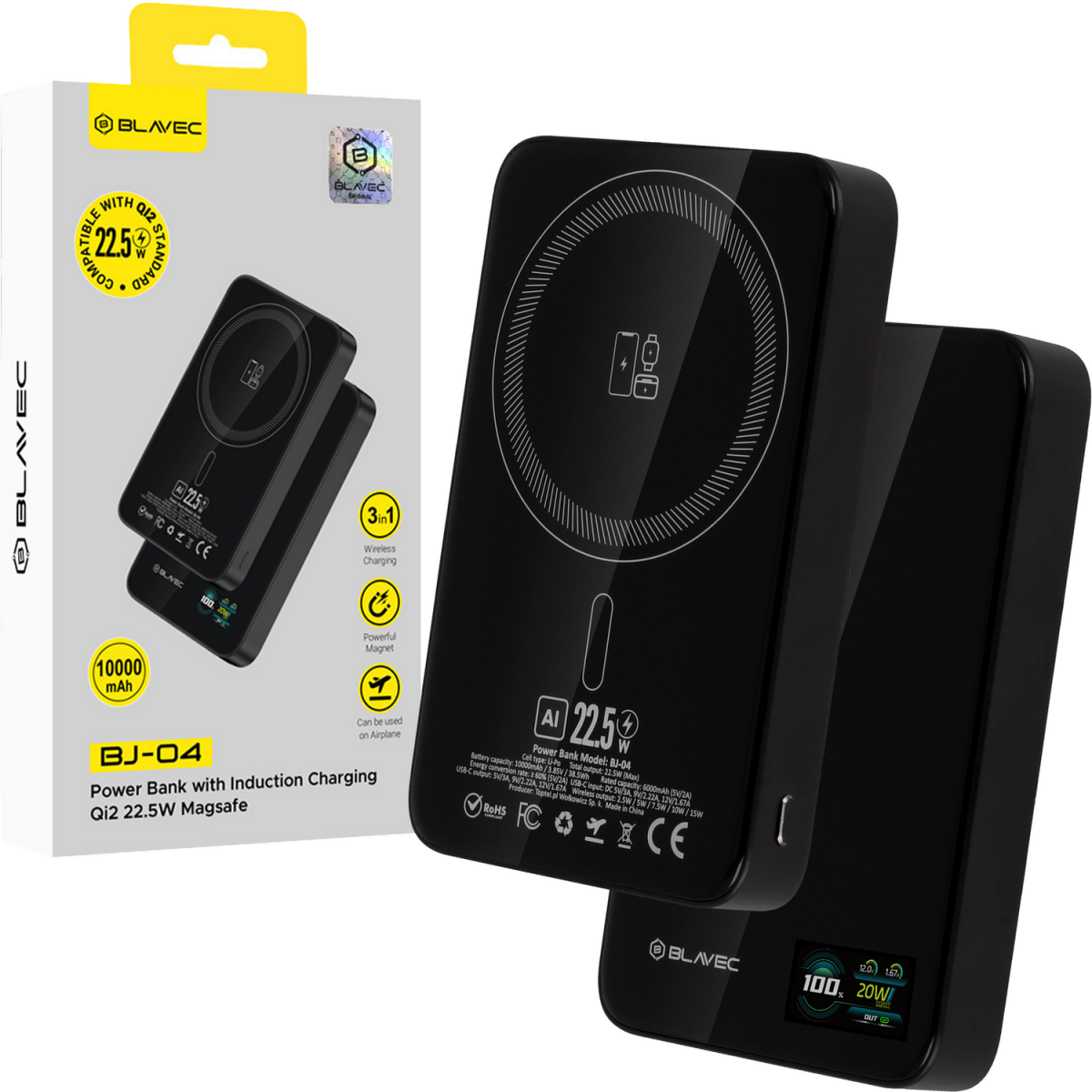 Powerbank Blavec BJ-04 Slim 13,5mm 10000mAh USB-C magnetic Magsafe 3v1 (PBBJ04-MC10B) 22,5W black