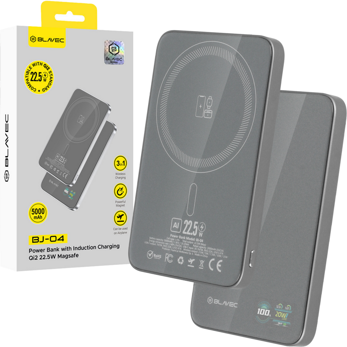 Powerbank Blavec BJ-04 Ultra Slim 7,8mm 5000mAh USB-C magnetic Magsafe 3V1 (PBBJ04-MC5G) 22,5W grey