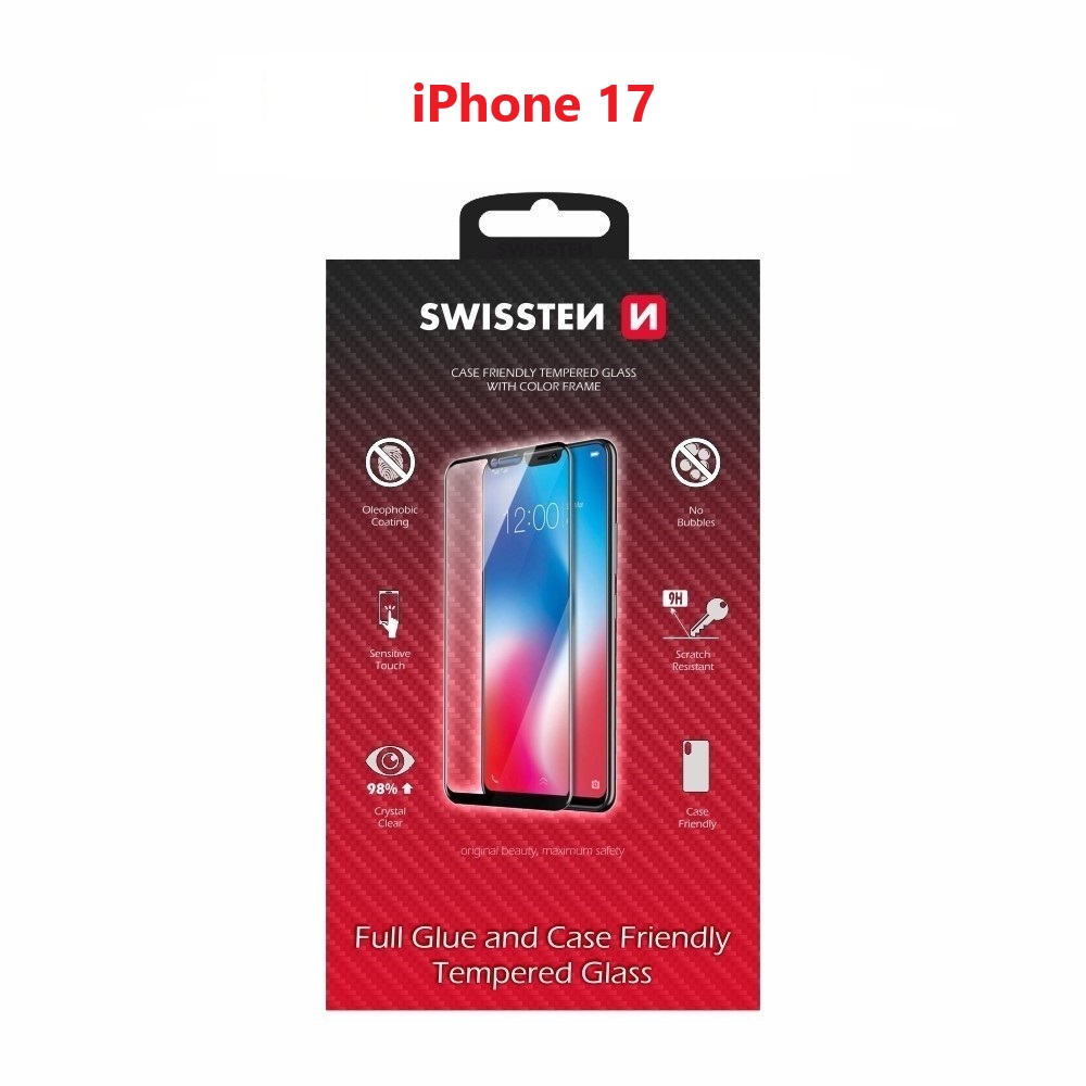 Tvrzené sklo Swissten full glue, color frame, case friendly pro Apple iPhone 17 černé