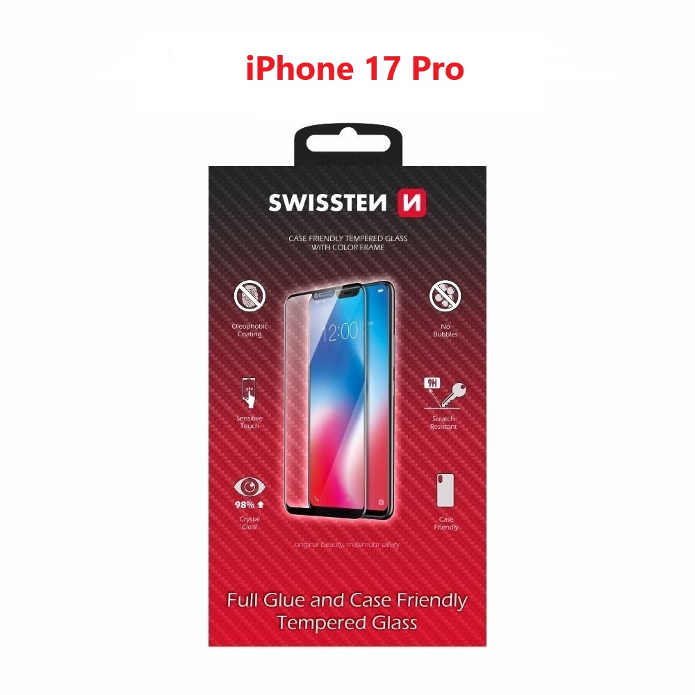 Tvrzené sklo Swissten full glue, color frame, case friendly pro Apple iPhone 17 Pro černé