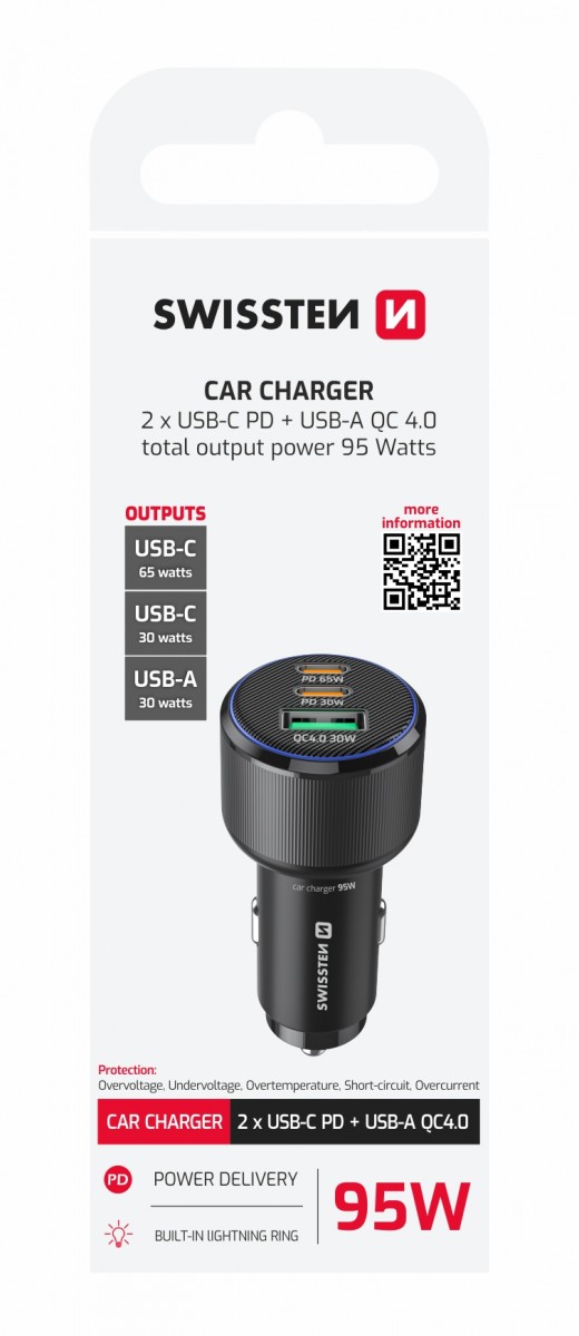 Adaptér do auta Swissten s funkcí rychlonabíjení 2USB-A, 2x USB-C PD 95W černý