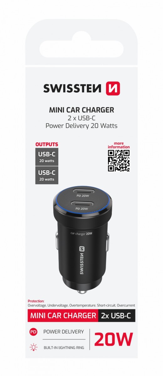 Adaptér do auta Swissten s funkcí rychlonabíjení 2x USB-C 20W černý