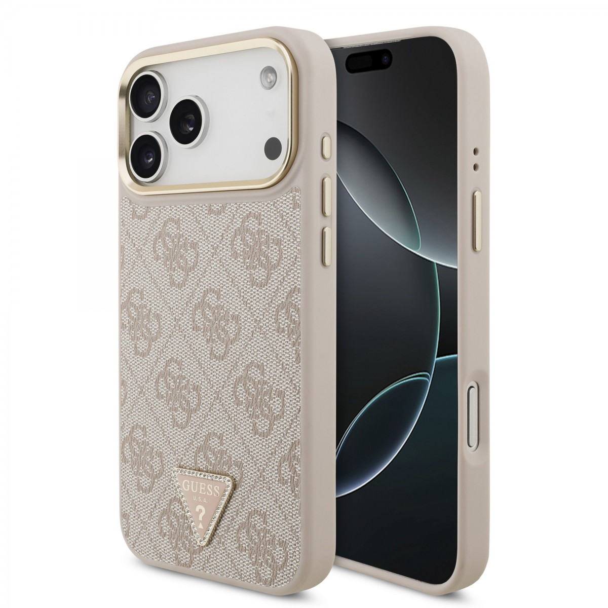 Zadní kryt Guess PU Leather 4G Triangle Logo Gold Frame MagSafe pro iPhone 17 Pro Max Pink