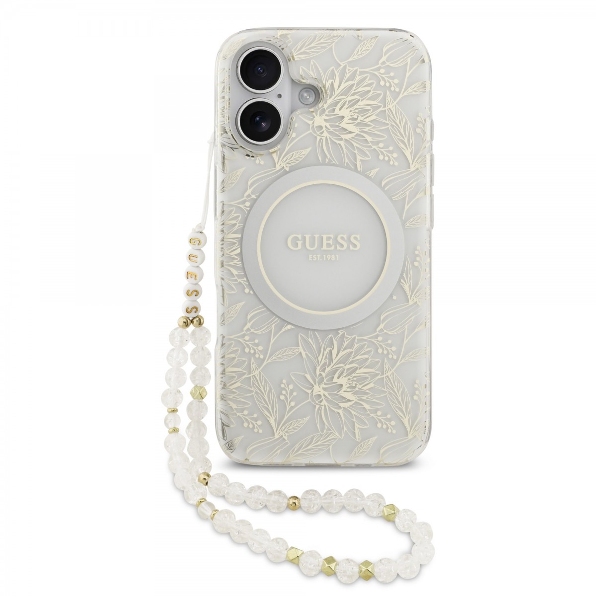 Zadní kryt Guess IML Flowers Allover Strap MagSafe pro iPhone 17 White