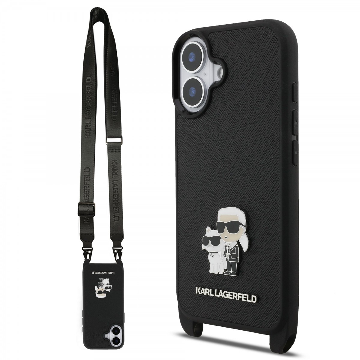 Zadní kryt Karl Lagerfeld Saffiano Crossbody Popruh Metal Karl and Choupette pro iPhone 17 Black
