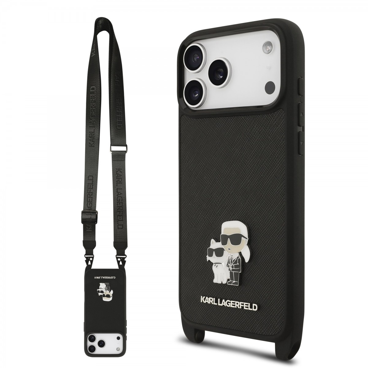 Zadní kryt Karl Lagerfeld Saffiano Crossbody Popruh Metal Karl and Choupette pro iPhone 17 Pro Max Black