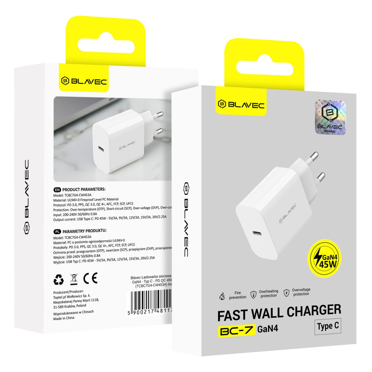 Adaptér Blavec BC-7 GaN4 s funkcí rychlonabíjení 45W (TCBC7G4-CW453A) bílý